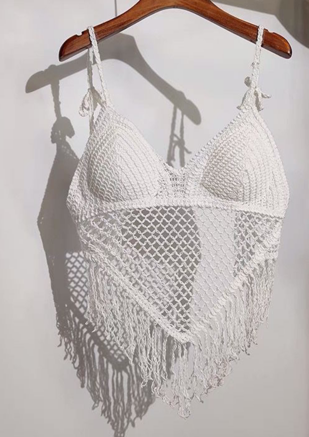 Топ вязаный на завязках с ажурным треугольником-сеткой S/M Белый (22-92-1574-Б)