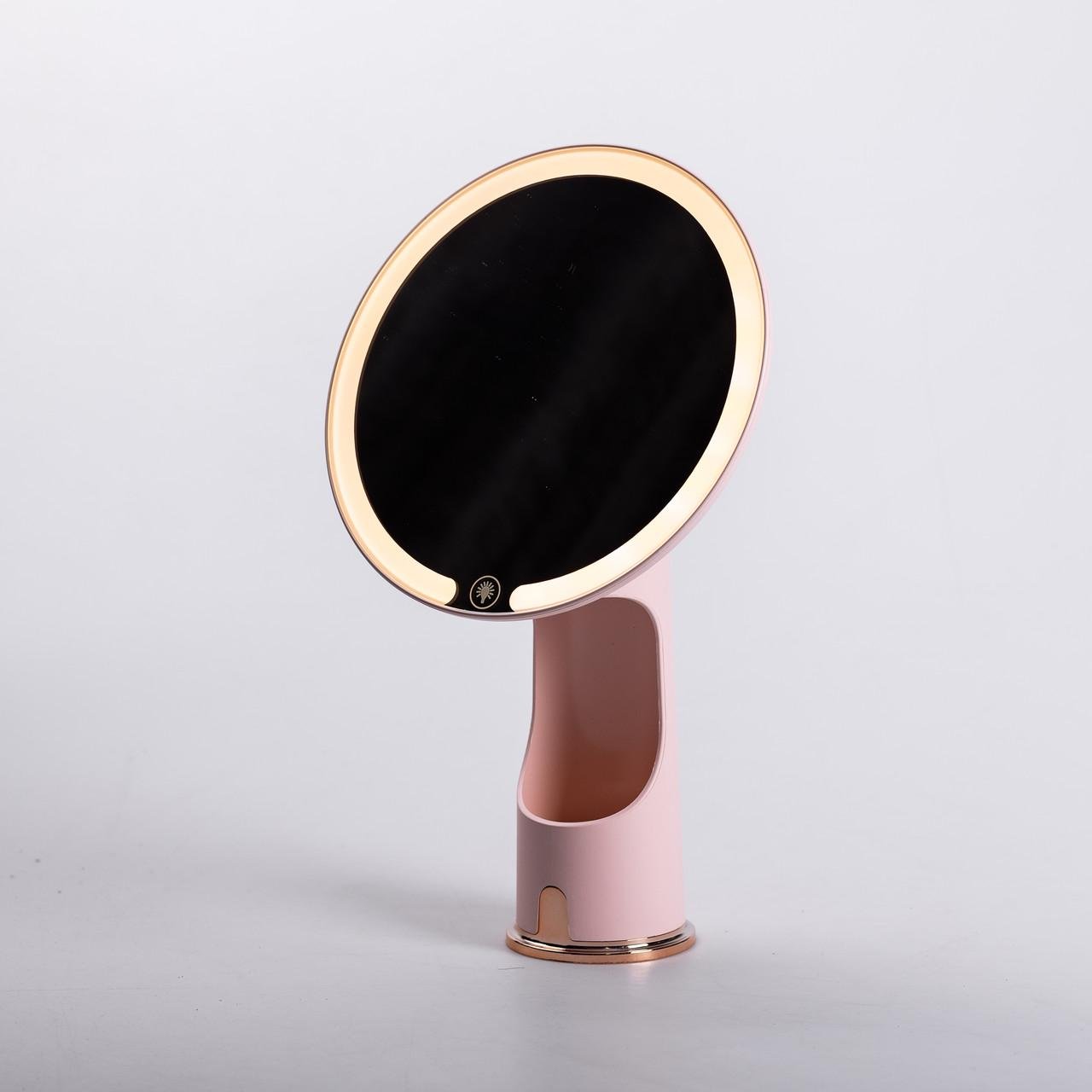 Дзеркало з підсвічуванням настільне косметичне кругле з LED підсвічуванням USB 18,5х10х29 см Рожевий (6875)