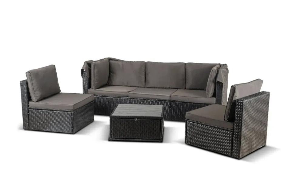 Комплект садових меблів MEBEL ELITE CALIENTE ME.CALIENTE/CZ/RT/OGR/ZES диван з навісом, 2 крісла, стіл, техноратанг, чорний/коричневий