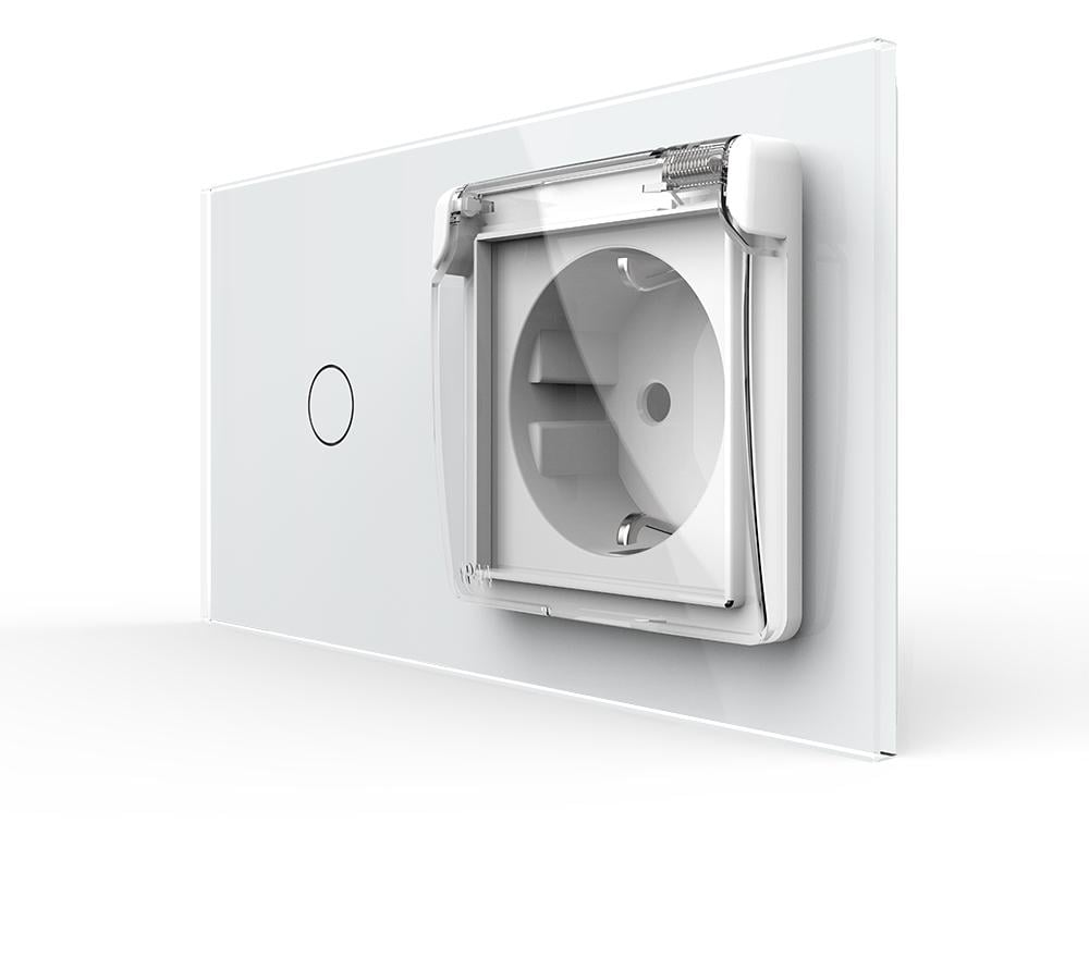 Выключатель проходной Livolo сенсорный с розеткой IP44 крышка 16А 230В с заземлением/шторками стекло Белый
