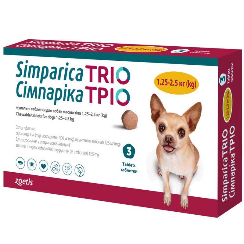 Таблетки для собак Simparica TRIO от блох/клещей/гельминтов от 1,25 до 2,5 кг (1583089901) Таблетки для собак Simparica TRIO от блох/клещей/гельминтов от 1,25 до 2,5 кг (1583089901)
