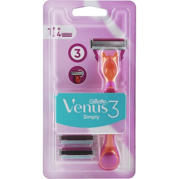 Станок для гоління Gillette Venus Simply Razor 3 з 4 змінними насадками - фото 1