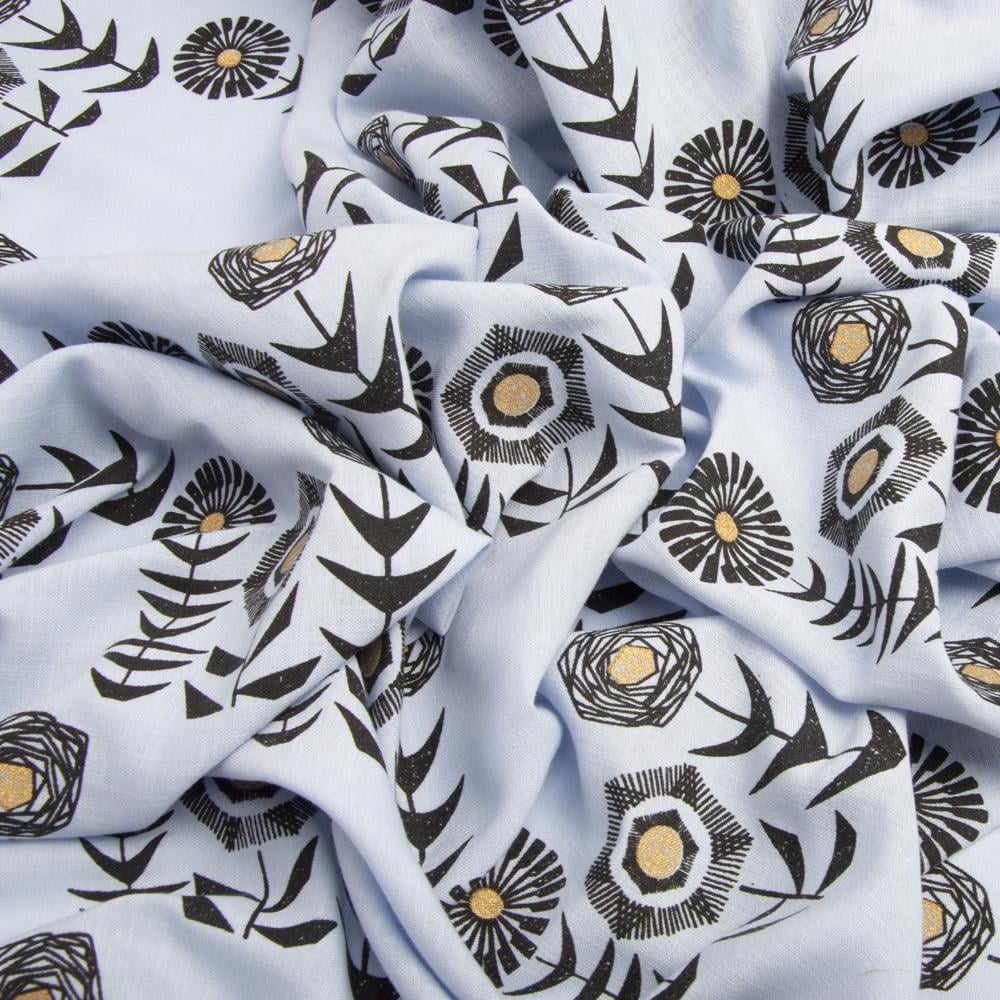 Ткань костюмная под лен с напылением соняшник блакитний