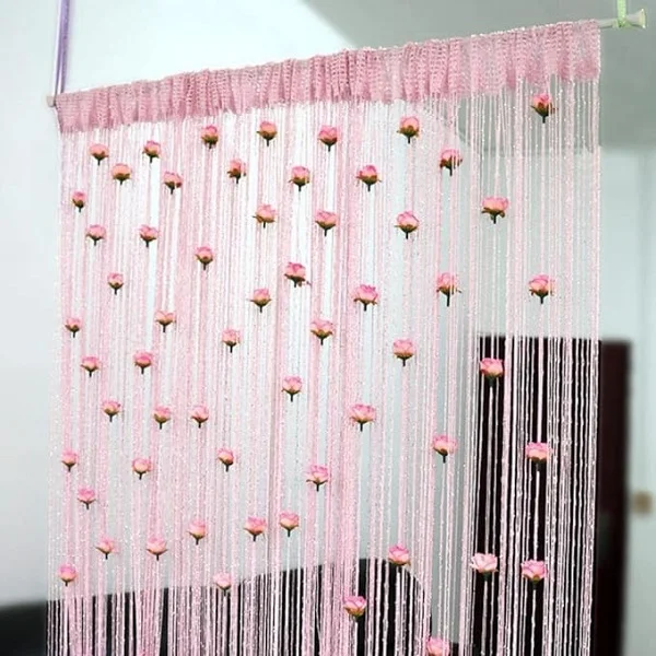 Штора-нить на дверь/окно украшена цветами Светло-розовый (C00855-2)