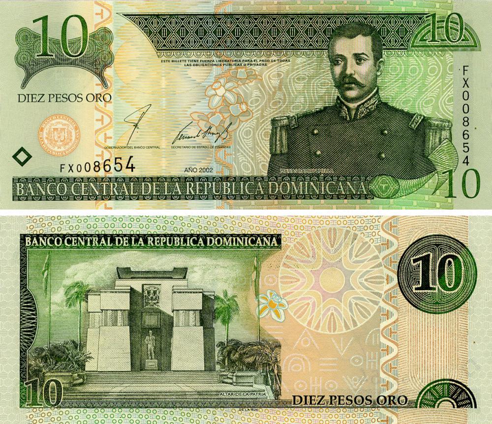 Коллекционная банкнота Доминикана 10 песо 2002 UNC (P168b)