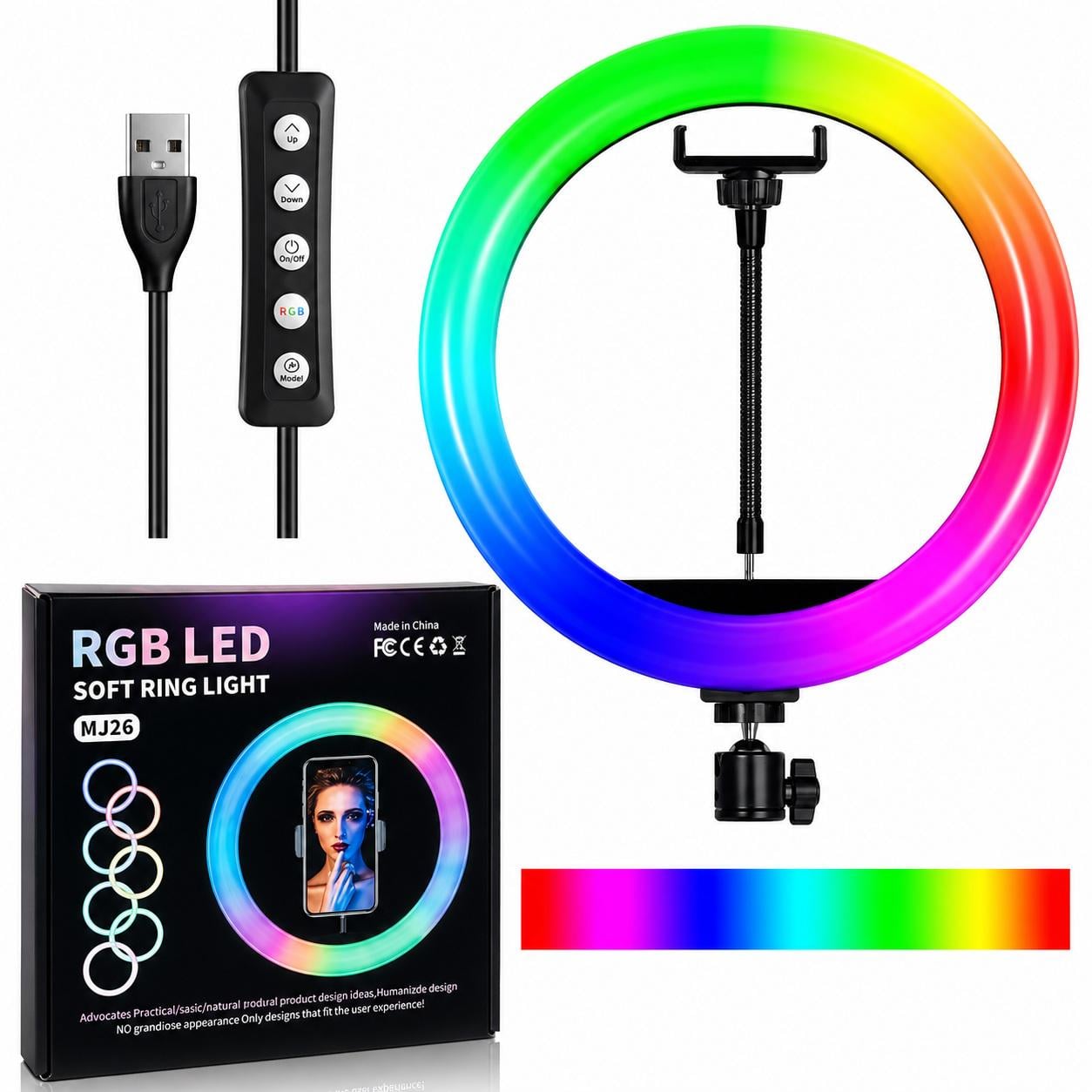 Лампа кольцевая LED RGB MJ-26 цветная с держателем для телефона 26 см (376384)