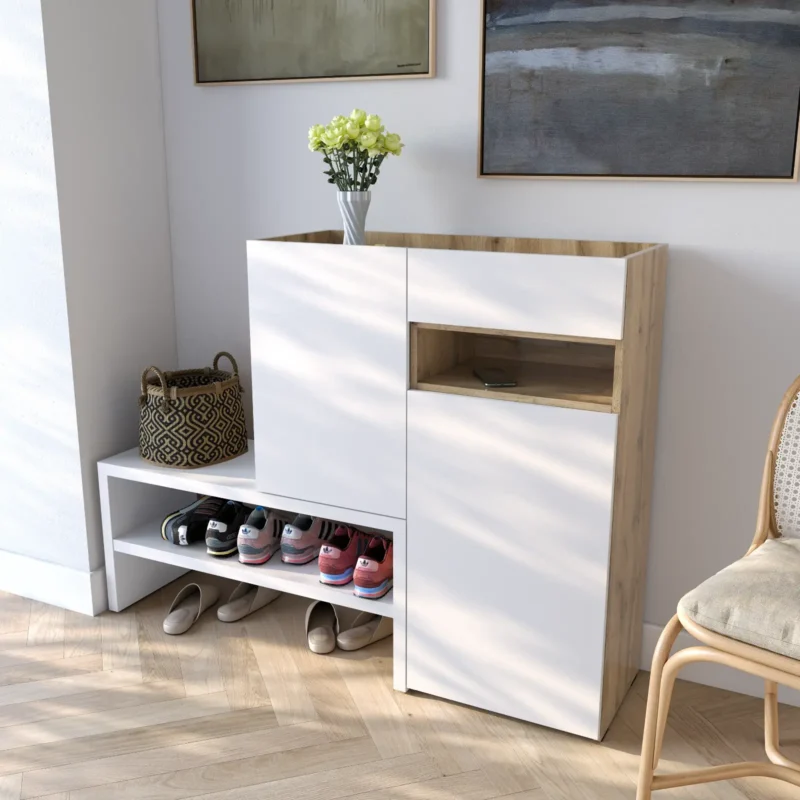 Тумба-подставка RS-4 для обуви в прихожую с дверцей и ящиком 1350х400х1017 мм ДСП 16 мм Дуб Аппалачи/Белый (20285592) - фото 1 Тумба-подставка RS-4 для обуви в прихожую с дверцей и ящиком 1350х400х1017 мм ДСП 16 мм Дуб Аппалачи/Белый (20285592) - фото 1