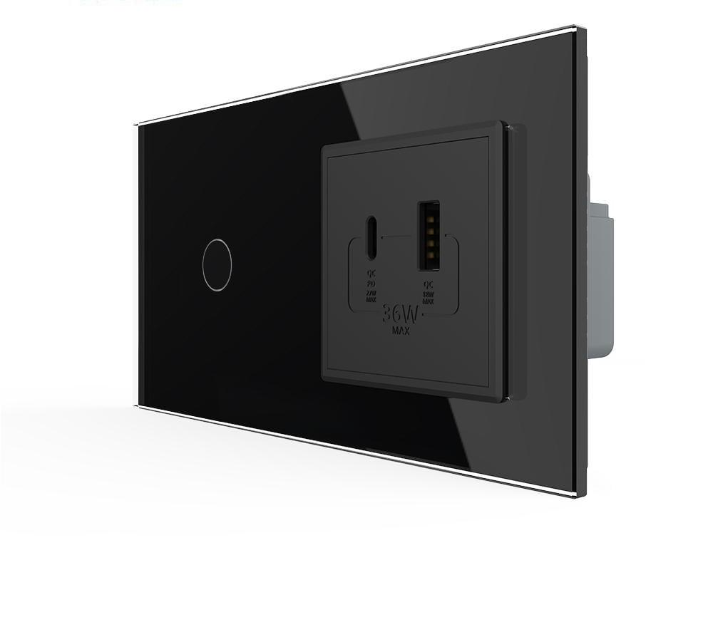 Выключатель проходной Livolo умный Livolo сенсорный с розеткой USB-A + USB-C 36Вт стекло Черный Выключатель проходной Livolo умный Livolo сенсорный с розеткой USB-A + USB-C 36Вт стекло Черный
