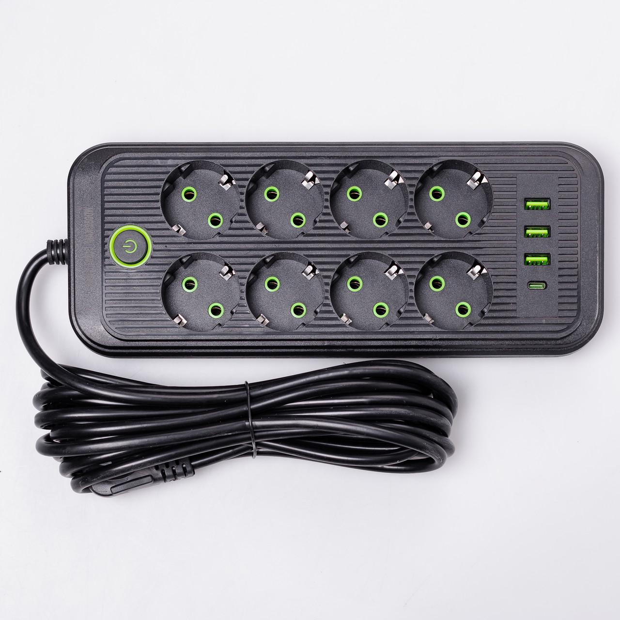 Удлинитель HP 5 28 2,8 м на 8 розеток с 3 USB 1 Type-C и кнопкой отключения F20U Черный (7446)