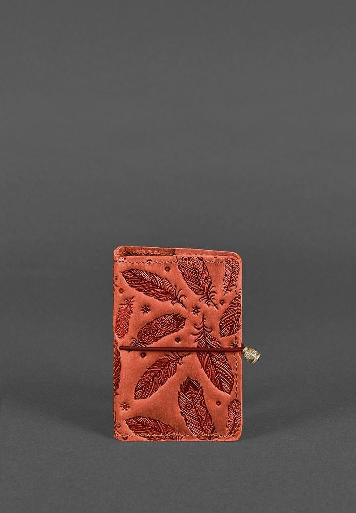 Кард-кейс женский кожаный 7.0 с перьями Коралловый (A-026167)