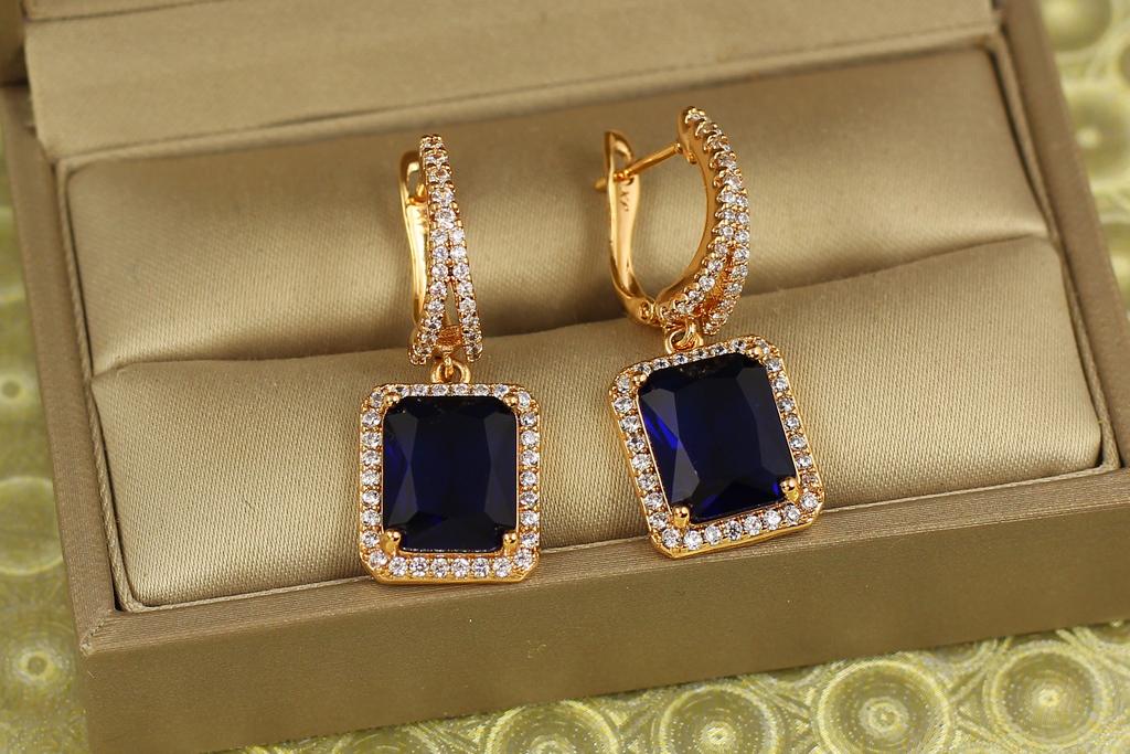 Серьги подвески Xuping Jewelry авангард с синим камнем 3 см Золотистый (30771757)