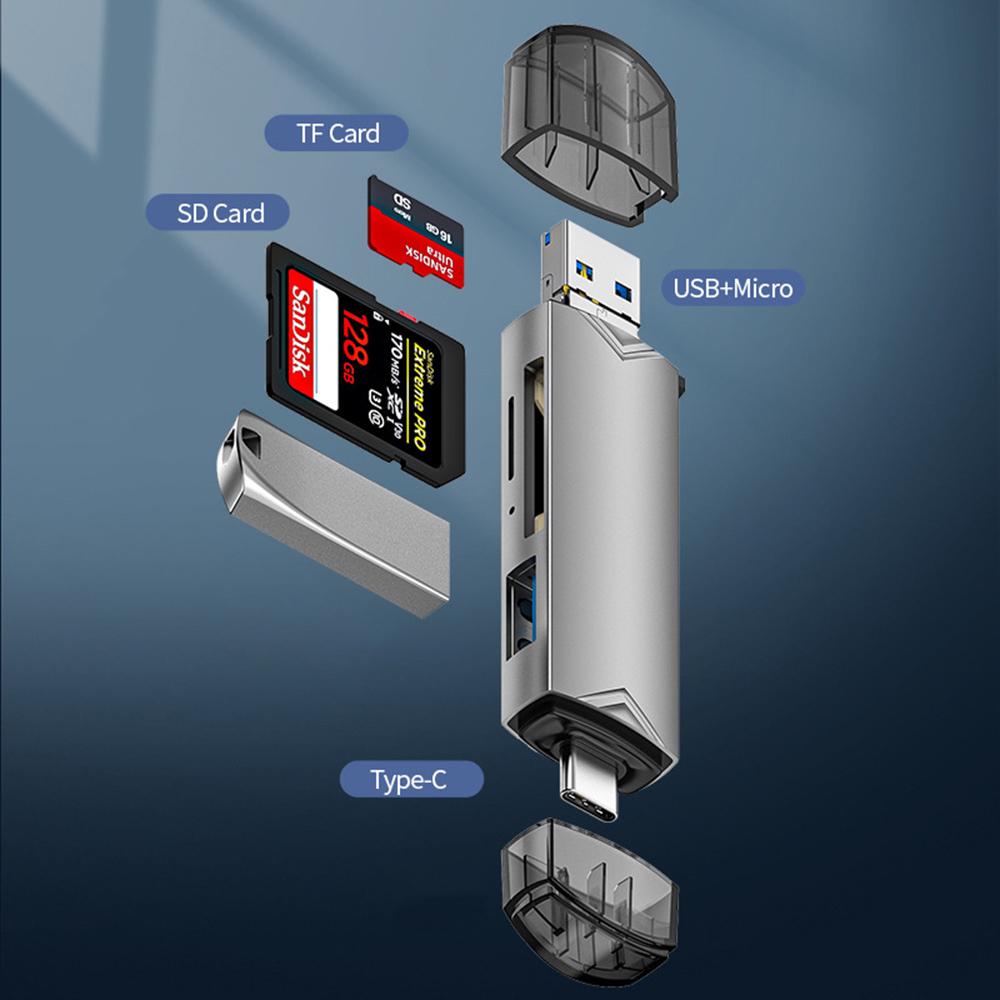 Кардрідер USB Multifunction D-398 6в1 USB Type-C Micro-USB TF SD Gray - фото 3