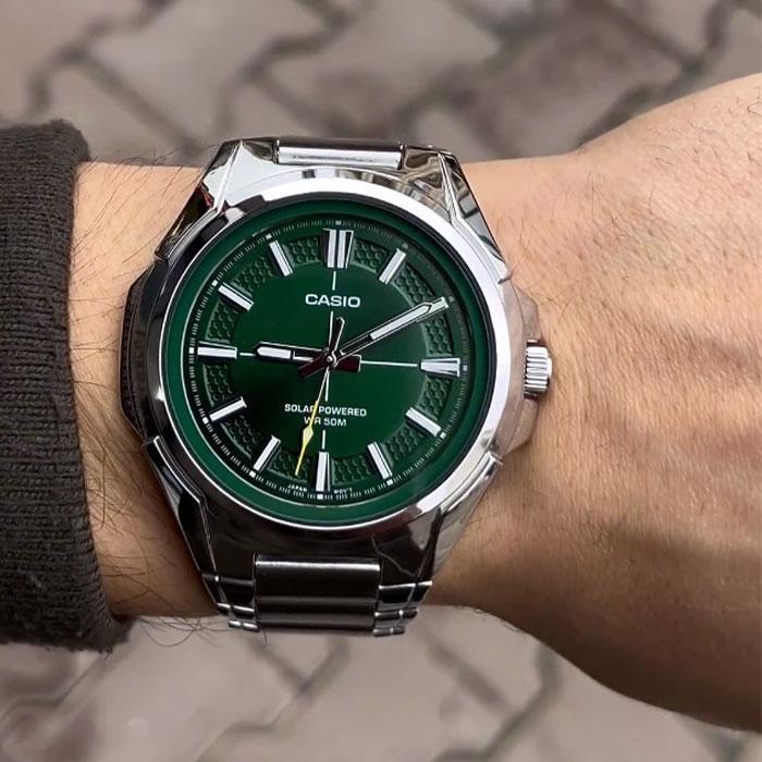 Наручний годинник чоловічий Casio MTP-RS100D-3A Solar Powered Timeless Collection з сталевим корпусом Зелений (2898214956)