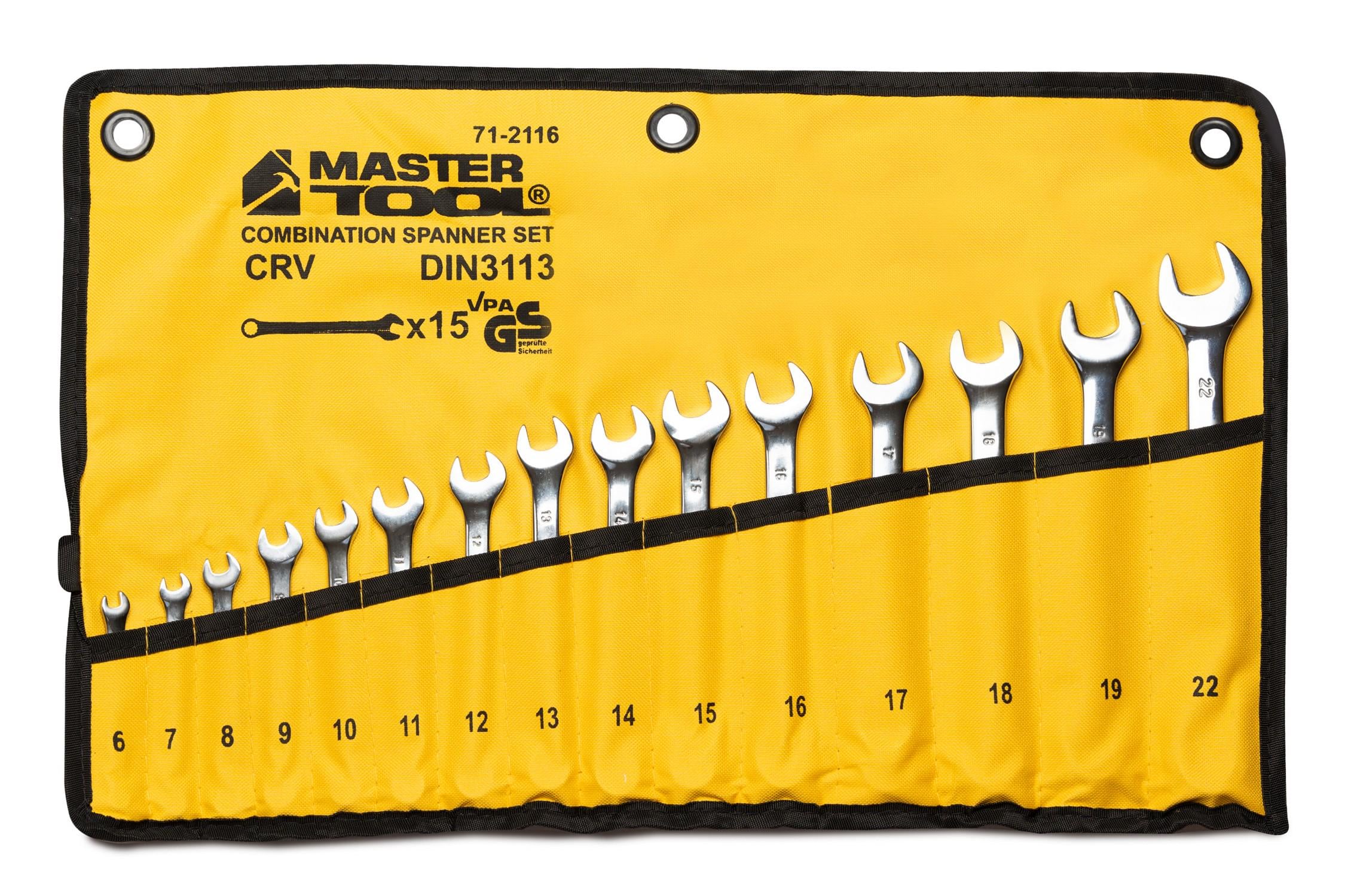 Ключи комбинированные MasterTool SATIN FINISH 15 шт. 6–19/22 мм CrV DIN 3113 в чехле 71-2116