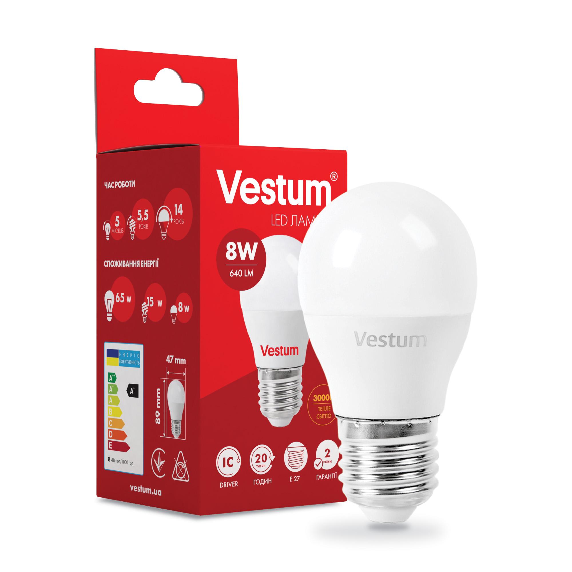 Лампа LED Vestum G45 8 W 3000K 220 V E27