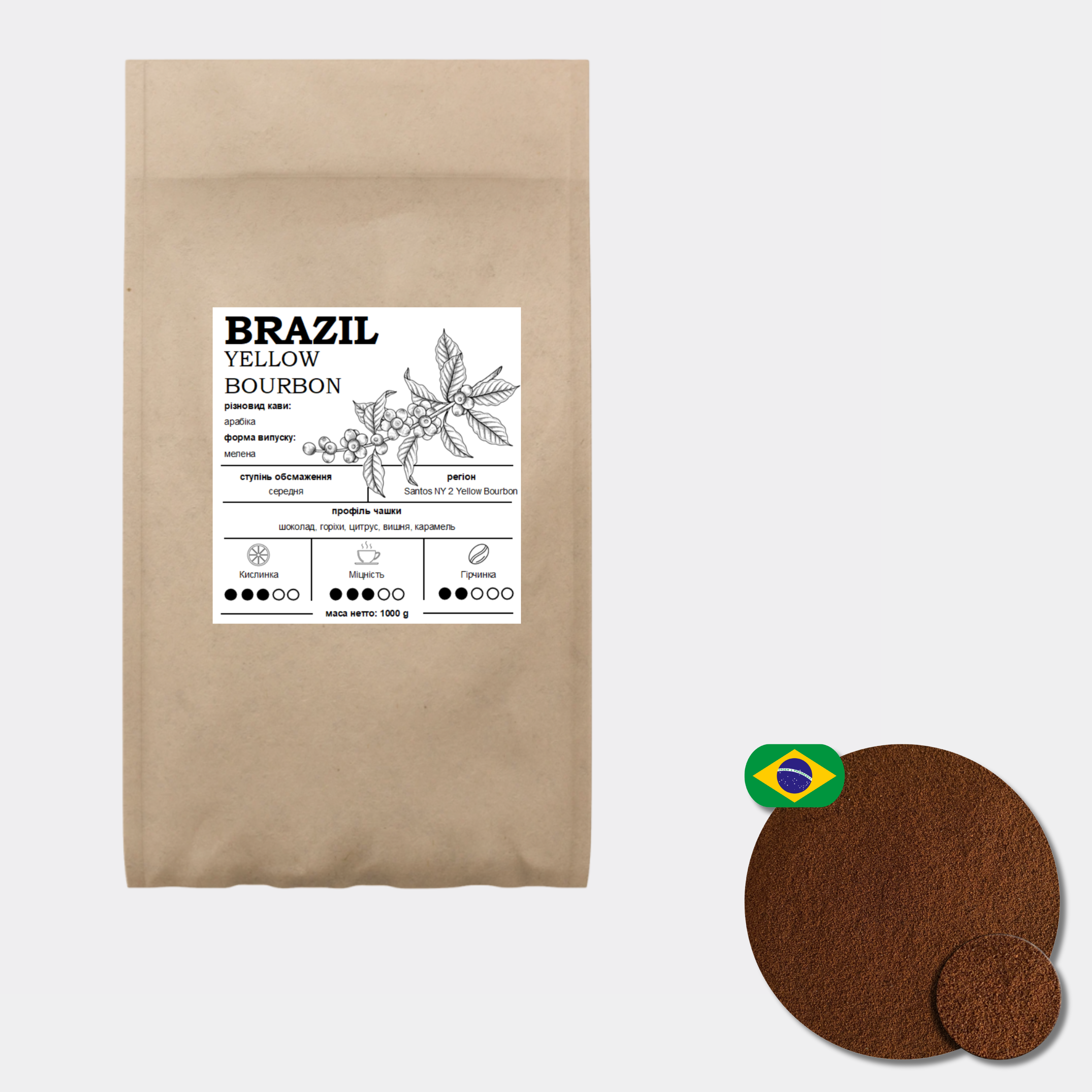 Кофе молотый Бразилия Желтый Бурбон Арабика 100% 1 кг