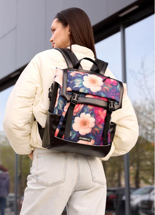 Городской рюкзак женский Sambag Magenta Flowers с карманами и отделением под ноутбук Черный (5720291339)