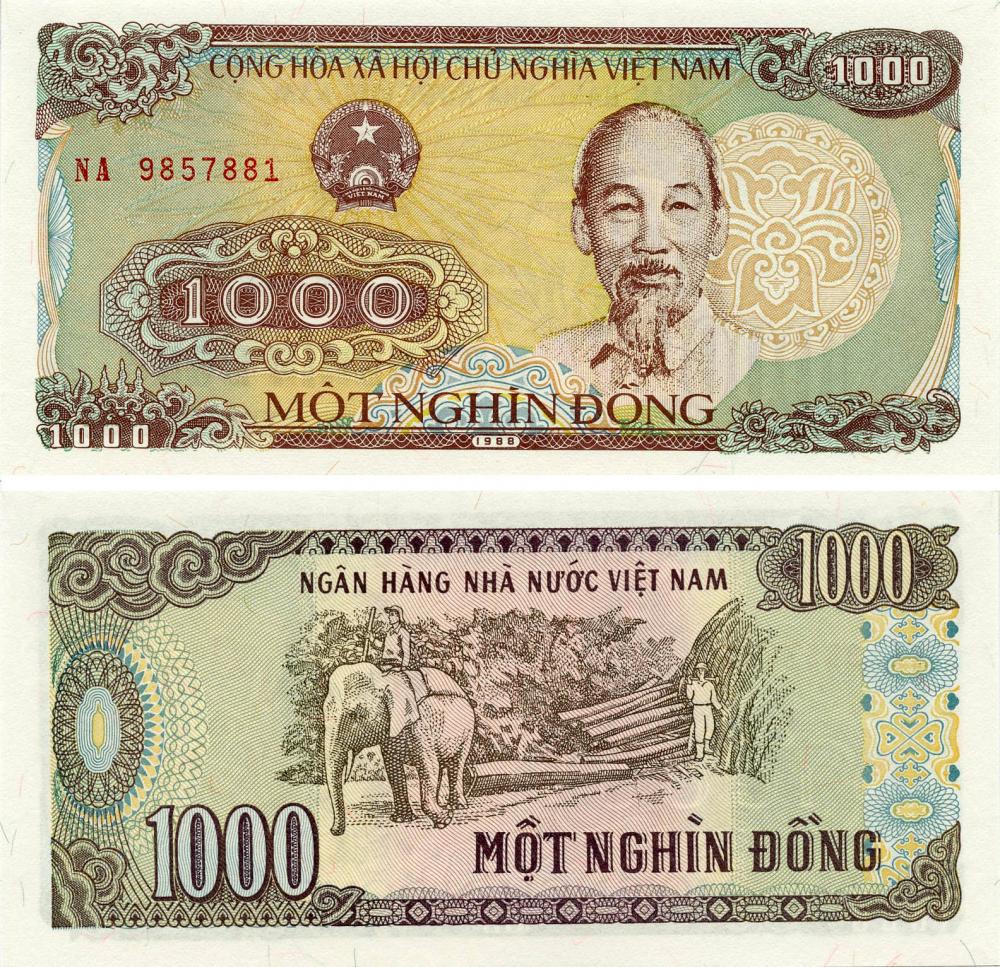 Коллекционная банкнота Вьетнам 1000 донг 1988 Слон UNC P106 (Б07598)
