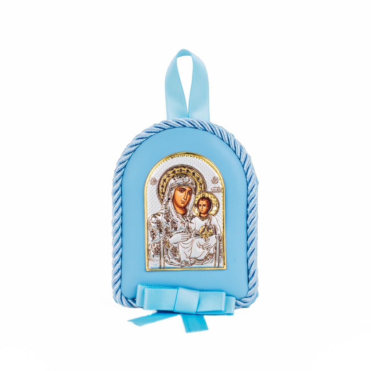 Срібна дитяча іконка Єрусалимська Божа Матір на синій подушечці 8х10 см