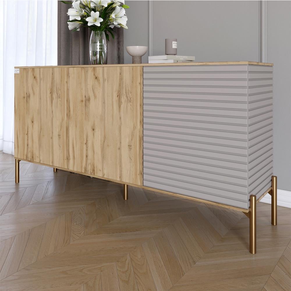 Комод закрытый в гостиную Lion Грей на золотых металлических ножках 154x38x76,5 см Дуб аппалачи/Кашемир (LION-041868)