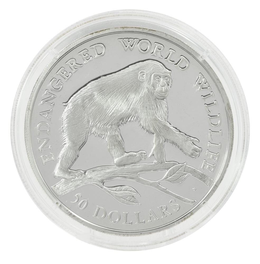 Коллекционная монета Острова Кука 50 долларов 1990 серебро Proof Исчезающие виды животных Шимпанзе (М21188) Коллекционная монета Острова Кука 50 долларов 1990 серебро Proof Исчезающие виды животных Шимпанзе (М21188)