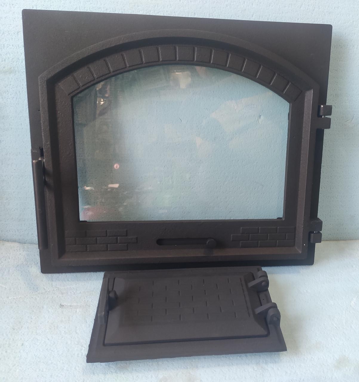 Дверки чавунні для каміна з термостійким склом і регулятором піддуву 42х49 см та піддувальні 16x26 см