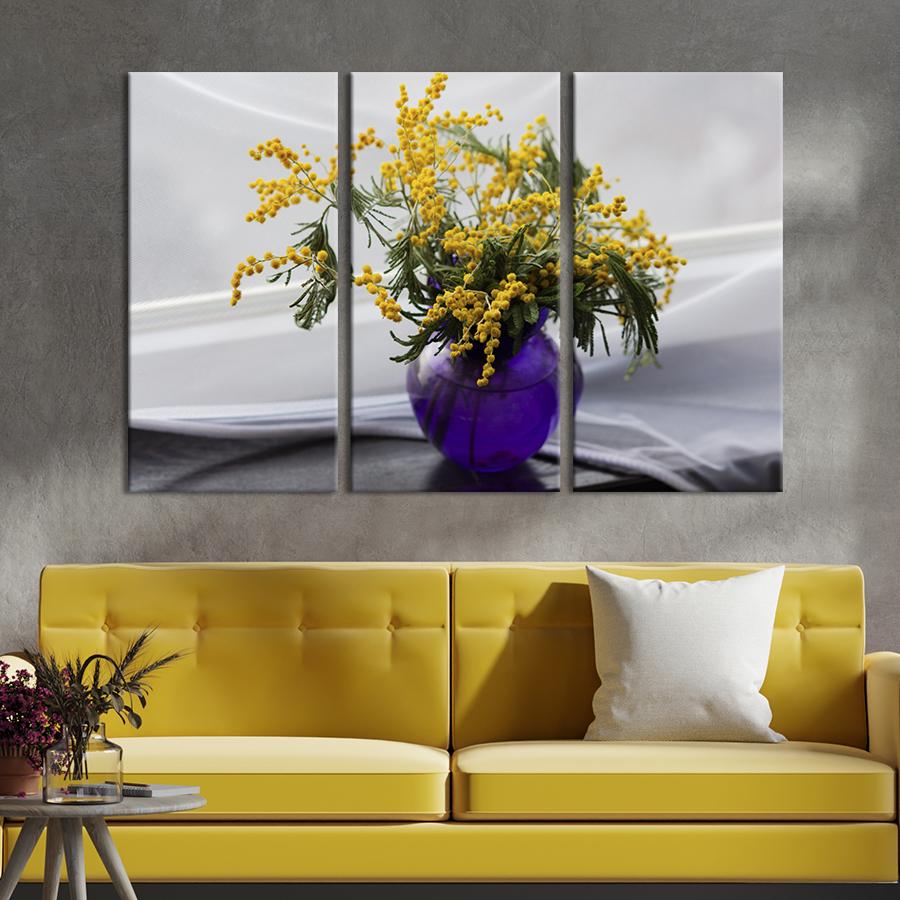 Картина на холсте триптих Красивый букет мимозы 128x81 см (896-31)