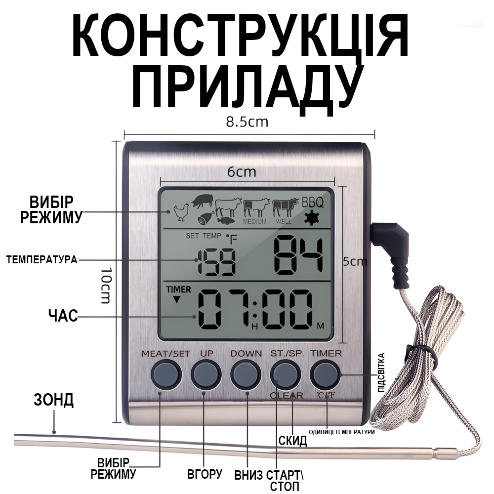 Термометр-таймер кухонный UChef YZ6031 с 2-мя выносными щупами сигнализатором магнитом и программами жарки мяса (1289) - фото 10 Термометр-таймер кухонный UChef YZ6031 с 2-мя выносными щупами сигнализатором магнитом и программами жарки мяса (1289) - фото 10
