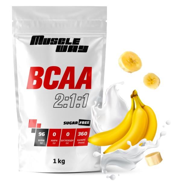 Комплекс амінокислот для росту м'язів і сушіння MuscleWay ВСАА 2:1:1 Sugar Free Банан в порошку на 100 порцій 1 кг (21-125-bcaa-mw-rs1.b) - фото 1