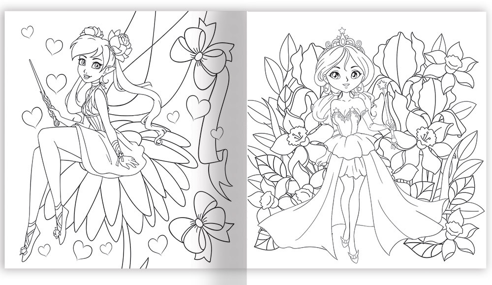 Раскраски для девочек - маленькие принцессы и феи, 9 шаблонов