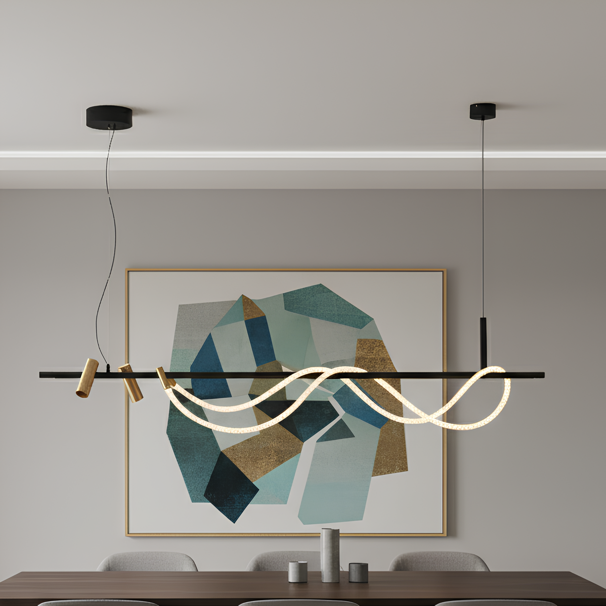 Люстра светодиодная Valeso 30W с гибким рассеивателем и спотами 4000K Черный/Золотой (THD63815A-3)