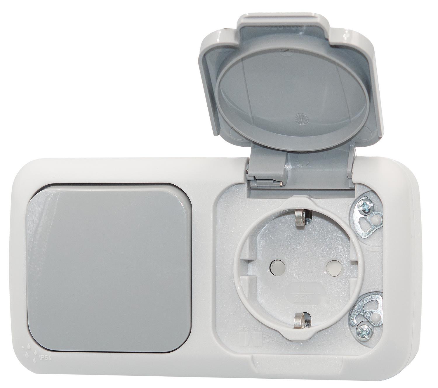 Выключатель влагозащищенный VIKO Palmiye с розеткой с заземлением внешний Серый (90555581)