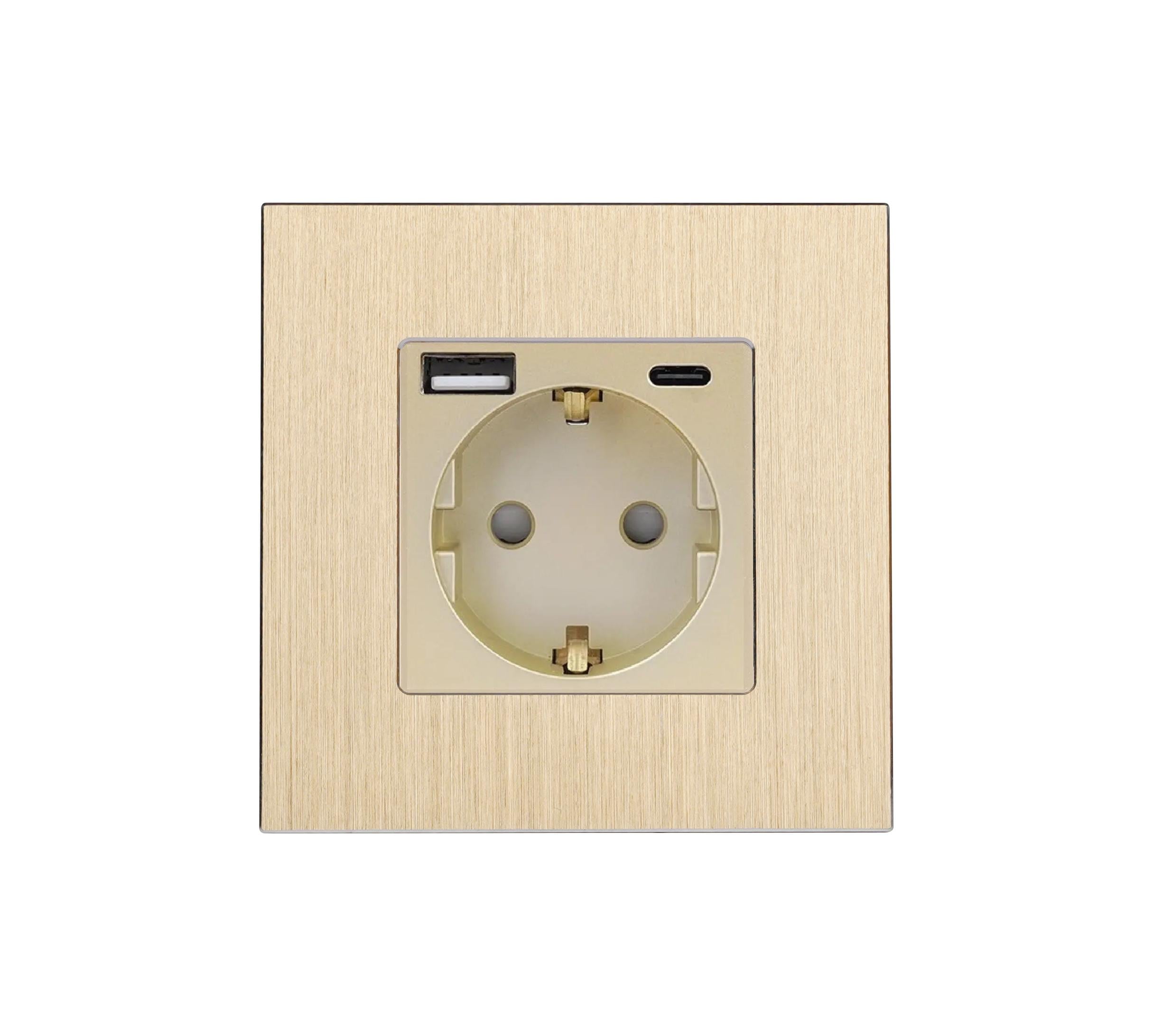 Розетка настенная WALLPAD с USB A+C 20Вт сенсорная заземление/ 250В 16А алюминиевая рамка Золотой (WP-GAC-GD)