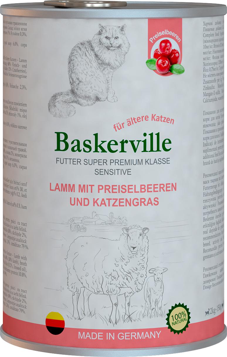 Корм влажный для кошек Baskerville Sensitive Lamm Mit Preiselbeeren Ягненок с клюквой и кошачьей мятой 400 г (4250231541841)