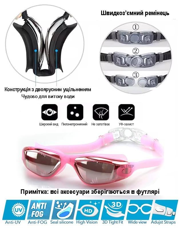 Окуляри та шапочка для плавання жіноча з берушами та зажимом для носа у басейн в футлярі Рожевий - фото 4