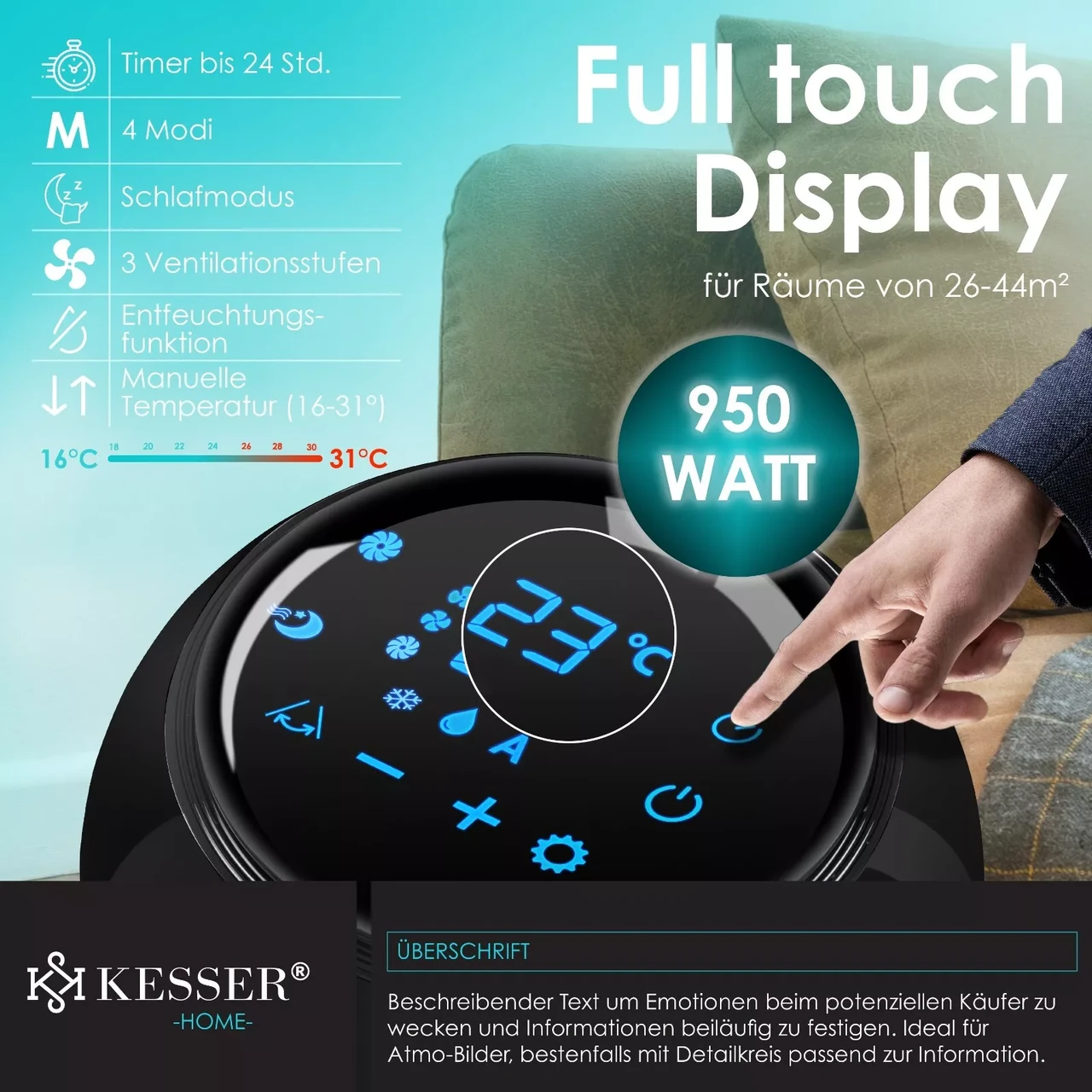 Кондиционер мобильный KESSER 4в1 2,7 кВт 35x78,5x37см Черный - фото 4 Кондиционер мобильный KESSER 4в1 2,7 кВт 35x78,5x37см Черный - фото 4