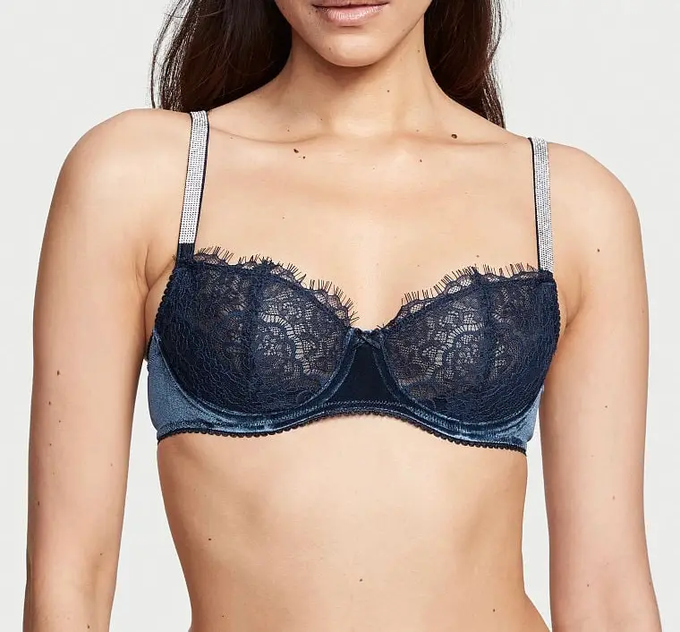 Бюстгальтер мереживний без пуш ап Victoria's Secret Velvet Shine Strap Balconette Bra 70B Синій (20242943)