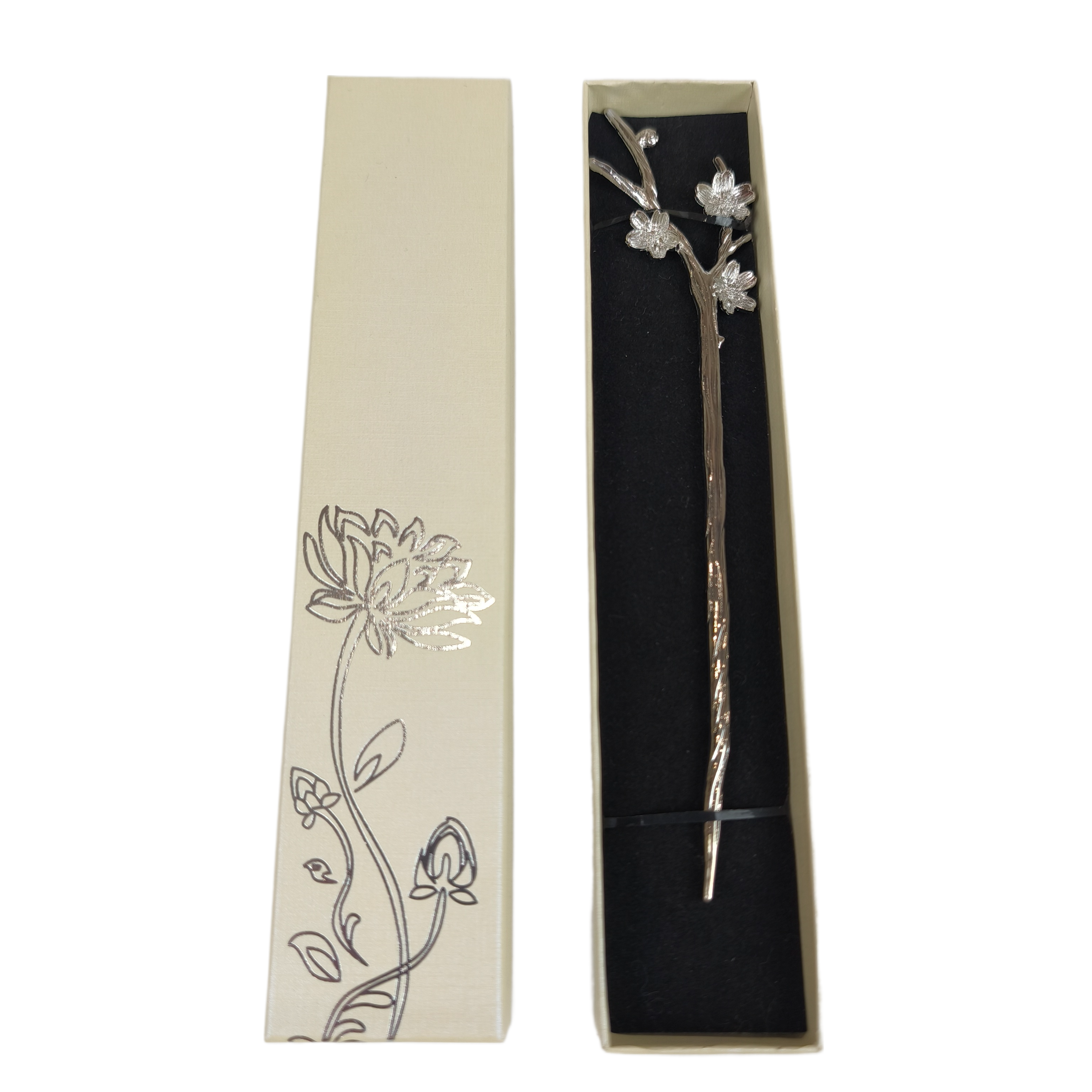 Заколка для волос в азиатском стиле Веточка с цветами металлическая в подарочной упаковке (28114)