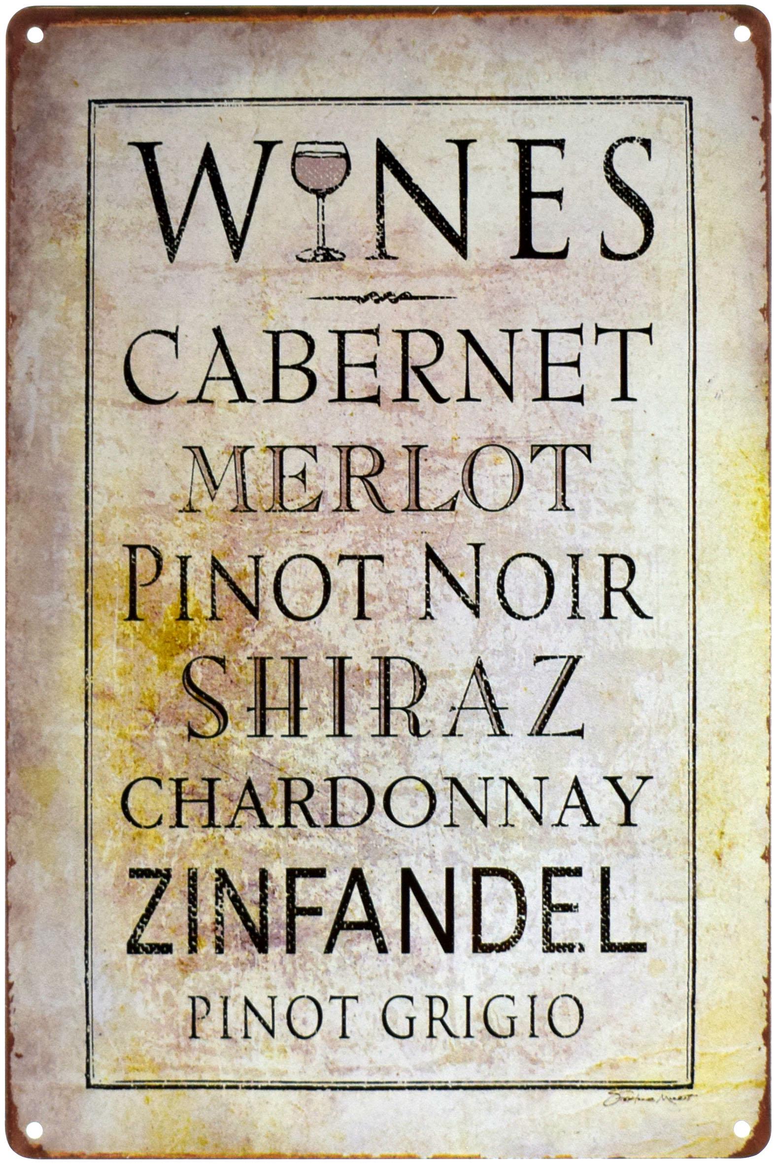 Табличка металева Вино/Wines Cabernet, Merlot, Pinot Noir, Shiraz, Chardonnay, Zinfandel, Pinot Grigio 20x30 см