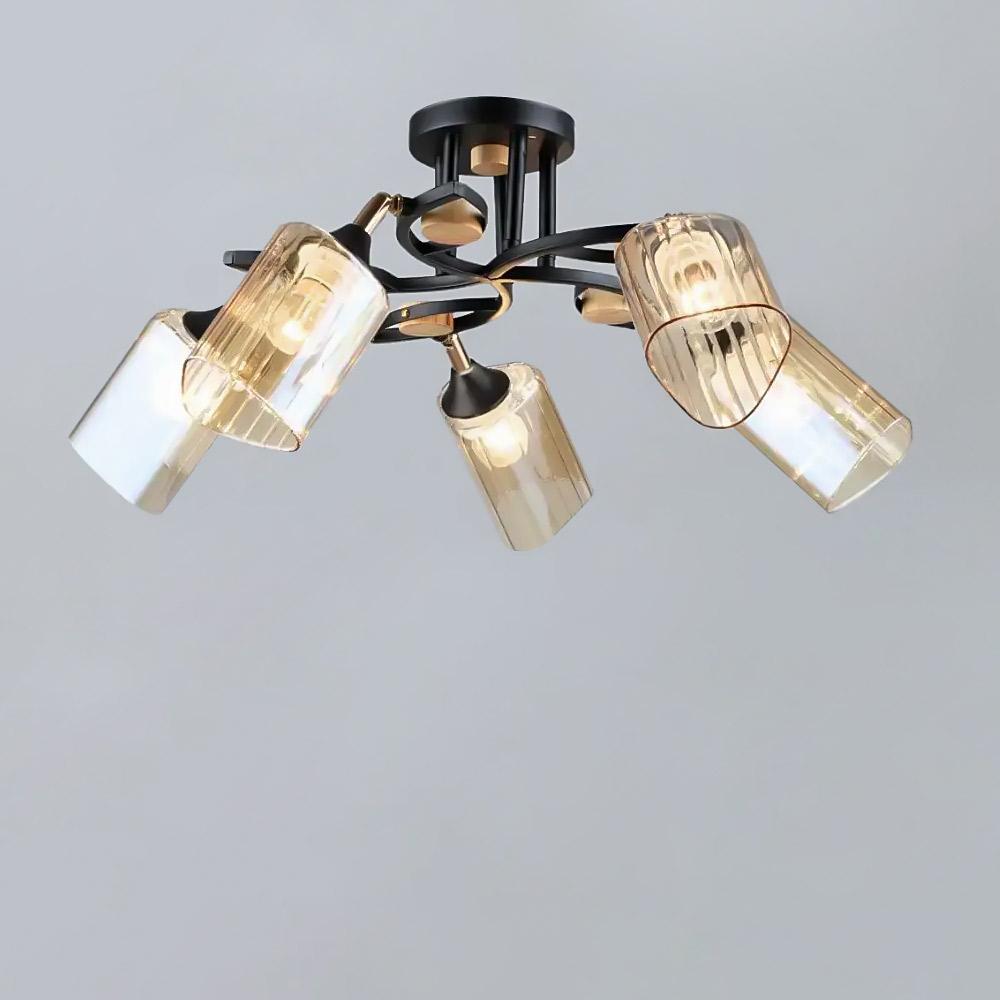 Люстра потолочная Light House SR-19357/5 BK/WOOD E27 620х230 мм Черный с золотым/Медовый