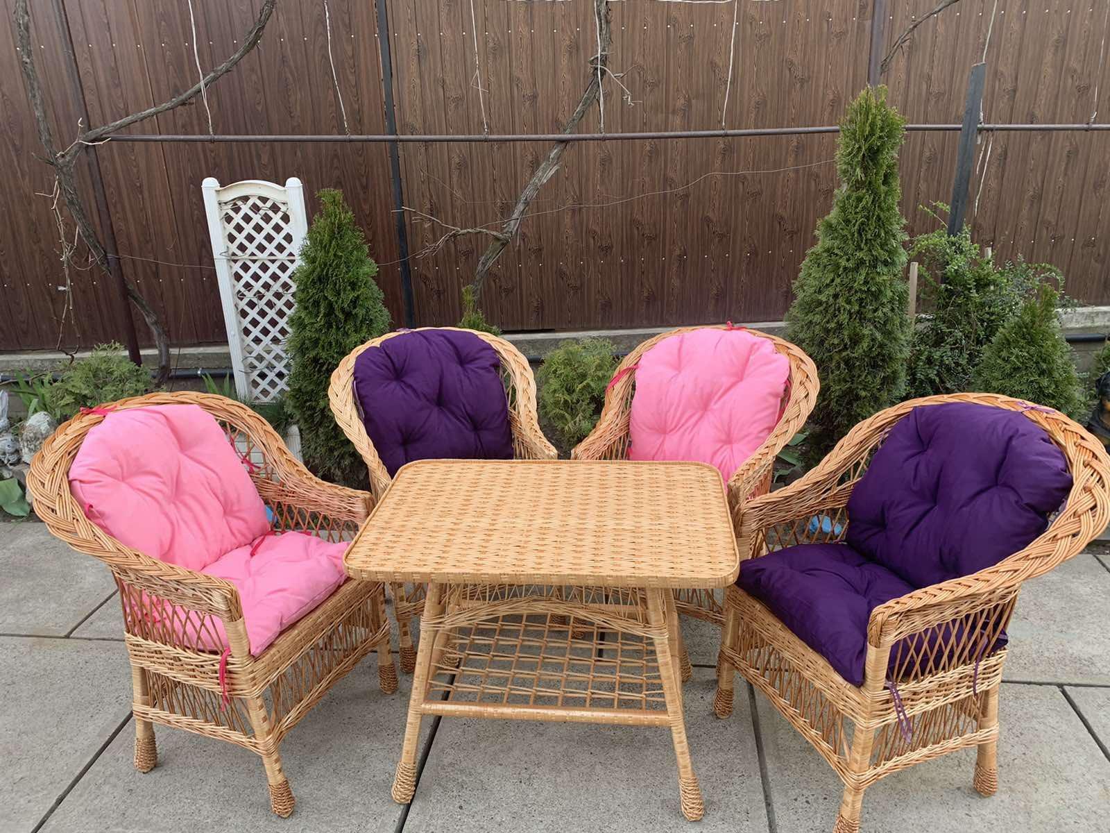Садовая мебель Woody 4 кресла Стандарт/стол прямоугольный (натуральное дерево/лоза) цвет Натуральный, цвет подушек Розовый/Фиолетовый