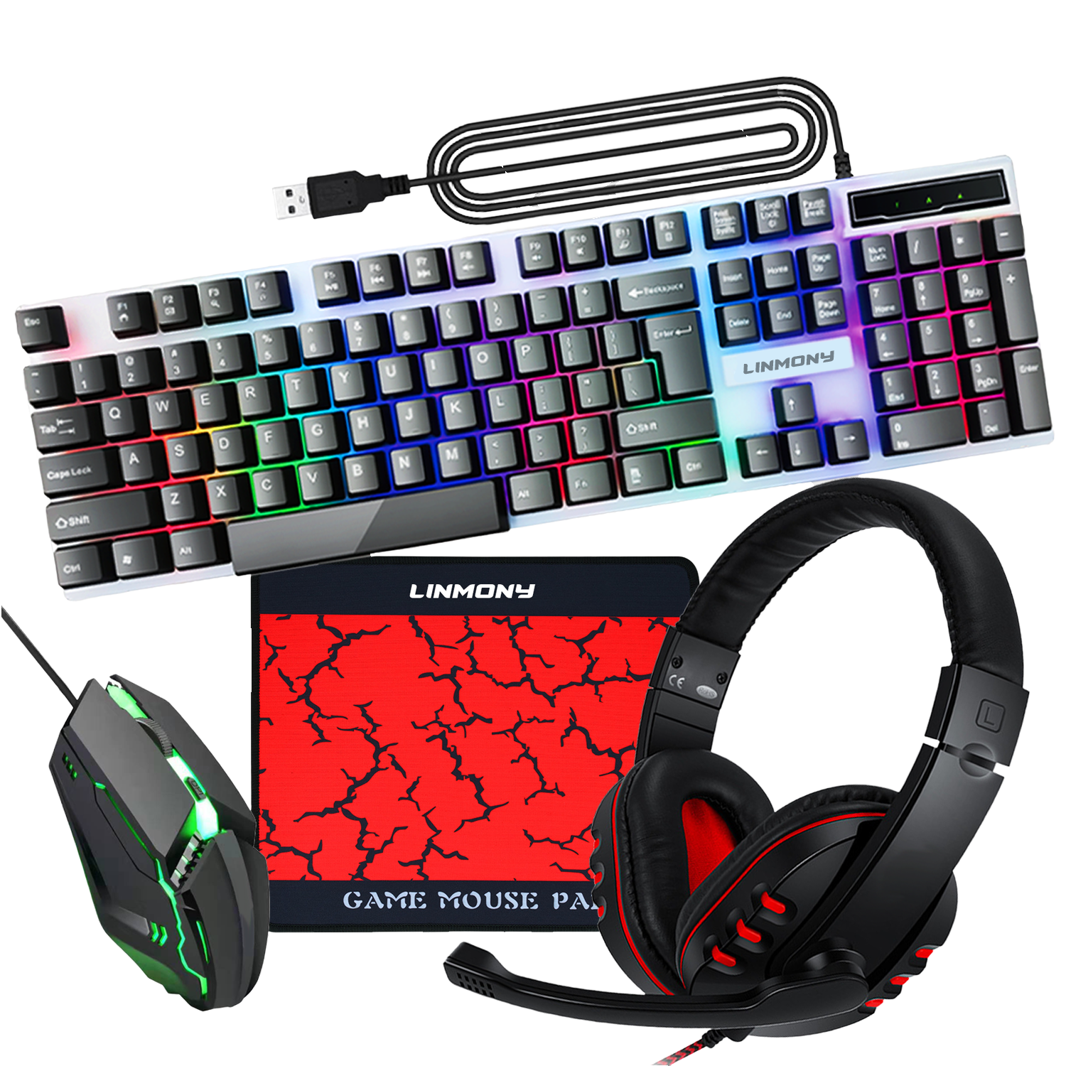 Игровой комплект 4в1 клавиатура и мышь наушники коврик Linmoni GF500Kit с RGB подсветкой для геймеров (a9742bcf)