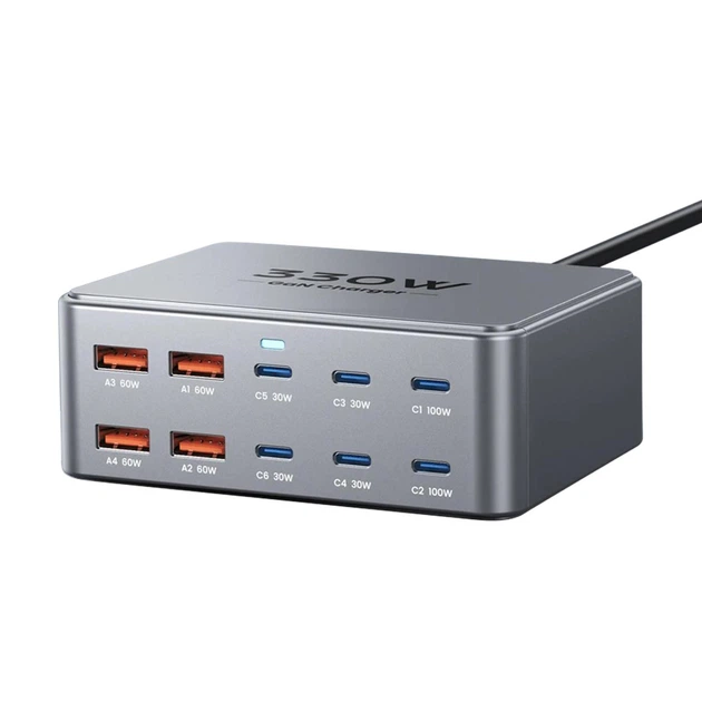 Зарядное устройство многоканальный сетевой GaN AC330W 330W 2Type-C-100W/4Type-C-30W/4USB60W Серебристый (719352)