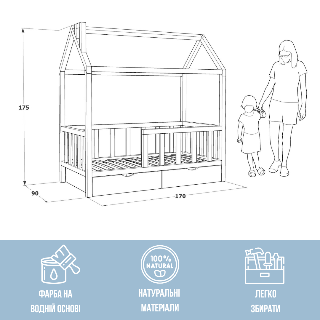 Дитяче ліжко-будиночок RW Home з бортиком та шухлядами із масиву вільхи 160х80 см - фото 3