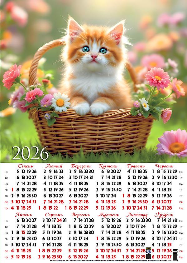 Календар-плакат А3 на 2026 р. Кошеня у кошику Календар-плакат А3 на 2026 р. Кошеня у кошику