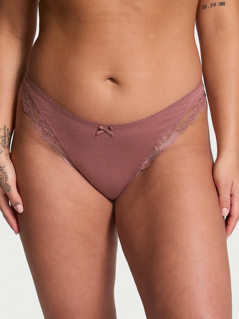 Трусики женские Victoria's Secret Stretch Cotton Lace-Trim High-Leg стринги S Коричневый (2637457788)
