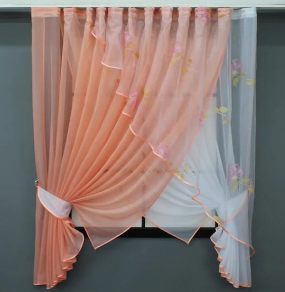 Комплект штор на кухню з підв'язками 300х170 см Персиковий/Білий (063к)