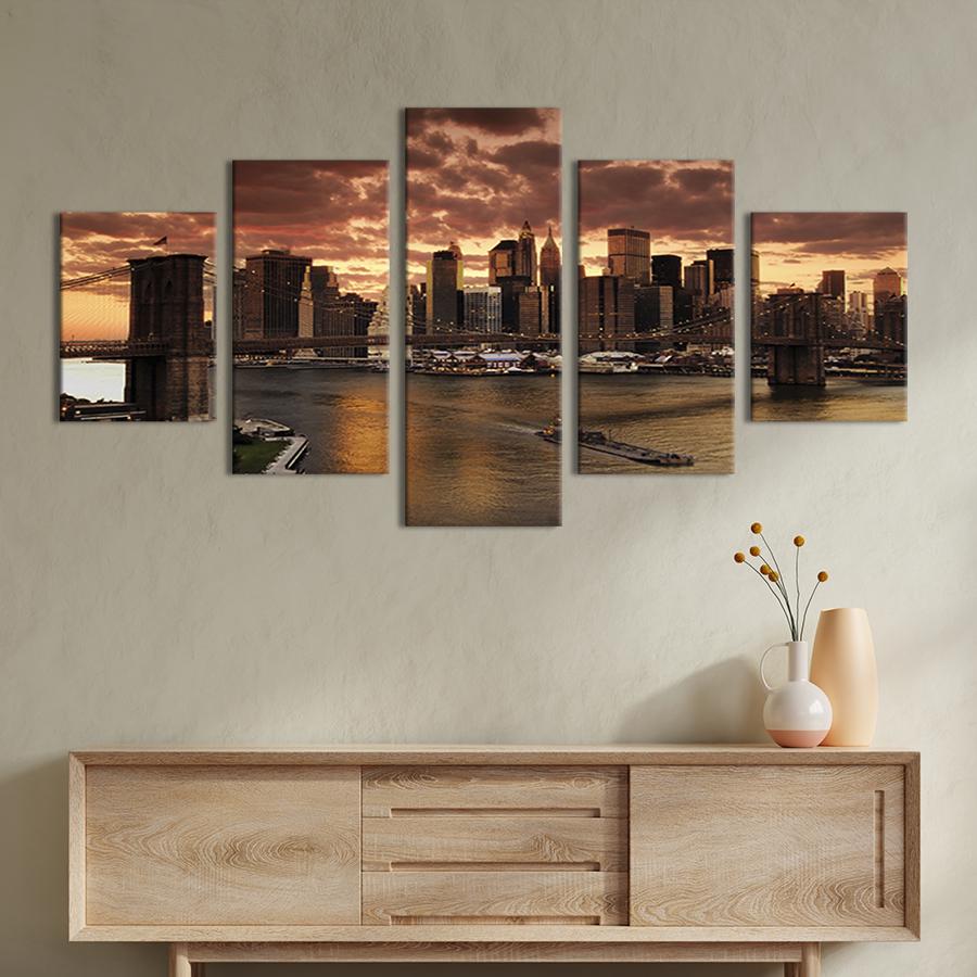 Модульная картина из 5 частей Вечер над Бруклинским мостом в Нью-Йорке 162x80 см (315-52)