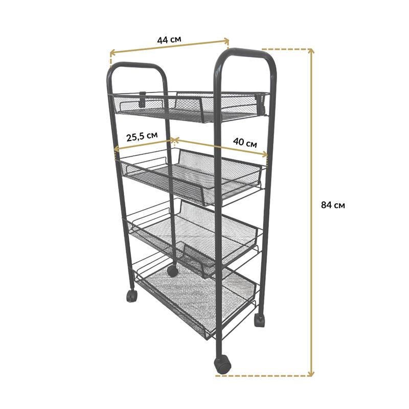 Етажерка металева на колесах з 4 металевими полицями Чорний (348669) - фото 6 Етажерка металева на колесах з 4 металевими полицями Чорний (348669) - фото 6