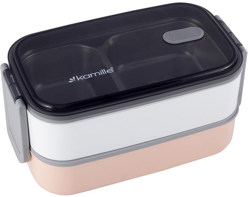 Ланч-бокс Kamille Snack двухуровневый с приборами 1400 мл Розовый